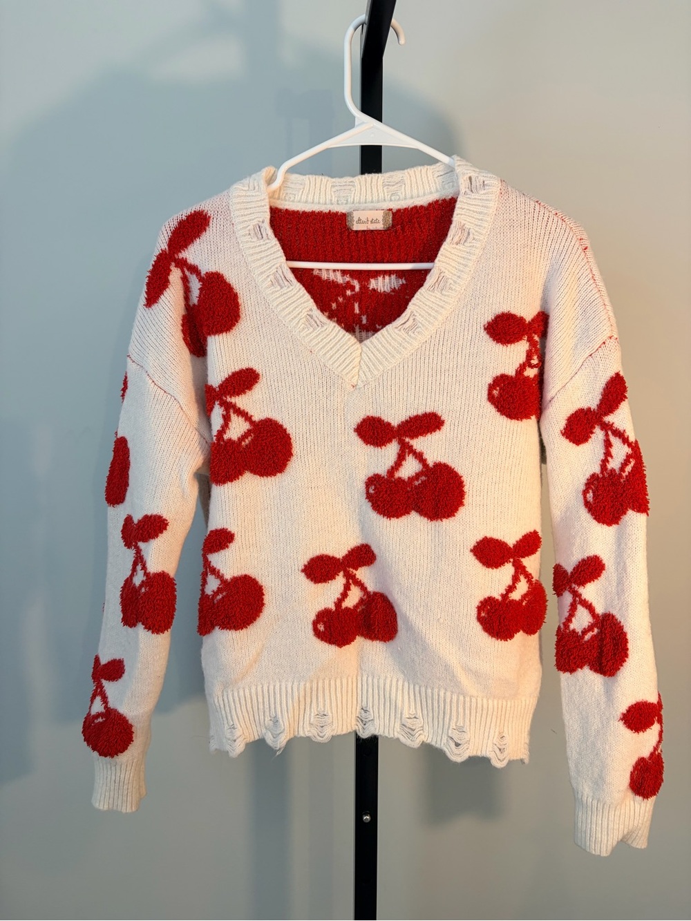 Altar'd State White & Red Cherry V-Neck Sweater